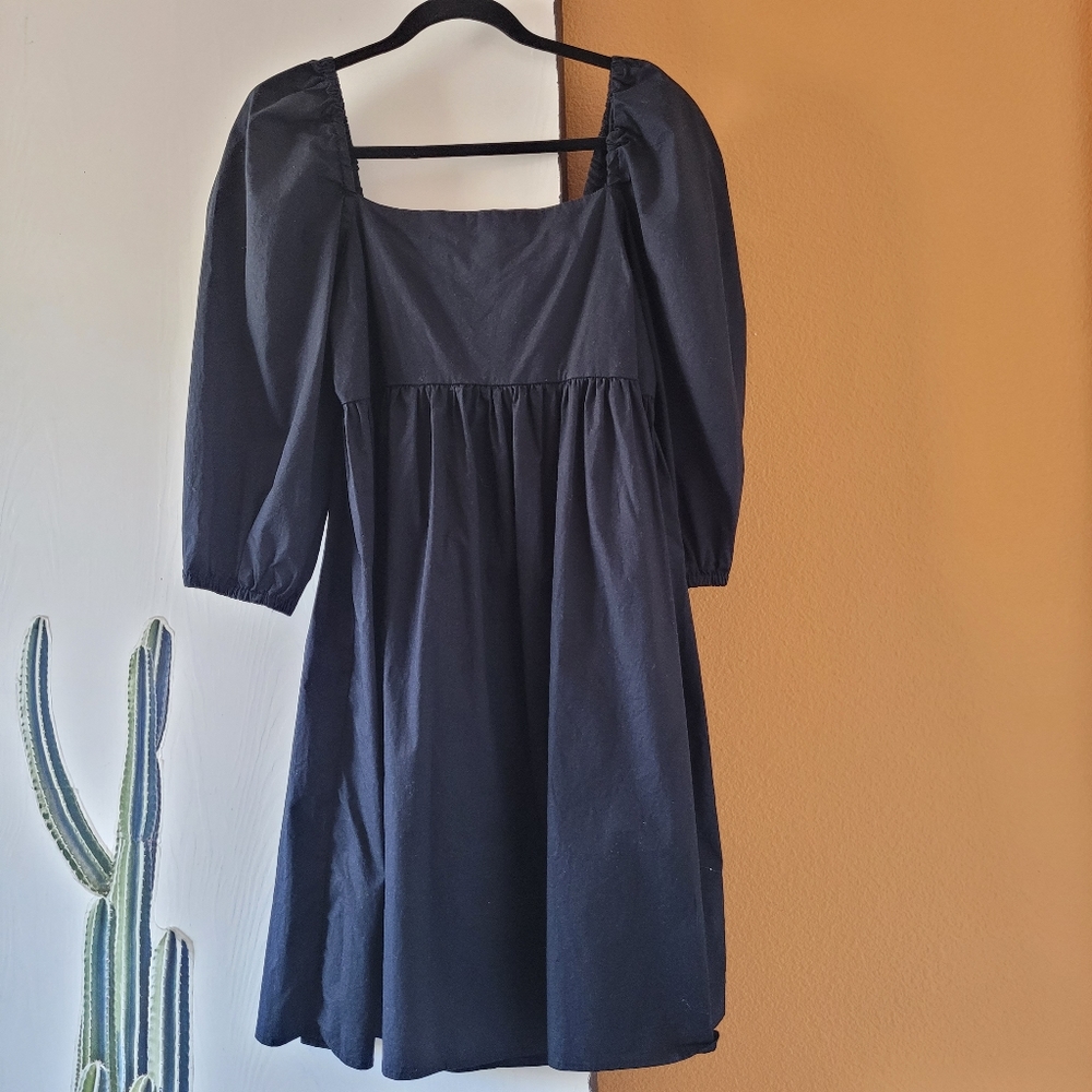 Puff-Sleeve Square-Neck Black Mini Dress Size L